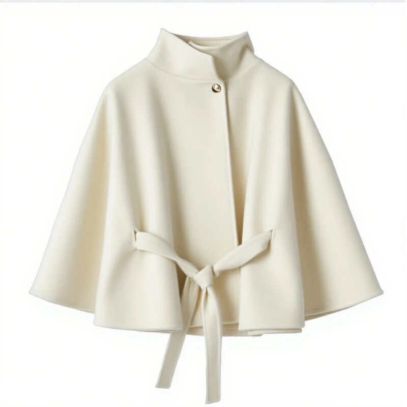 Damen elegante Umhangjacke mit Bindegürtel und hochgeschlossenem Kragen R&B