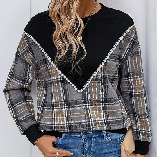 Damen bequemer Karopullover mit dekorativem V-Ausschnitt und elastischen Bündchen R&B