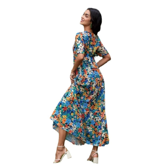 Damen Maxikleid mit voluminösen Rüschen und modischem V-Ausschnitt R&B