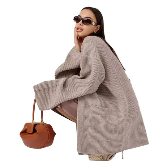 Damen kuscheliger langer Strickcardigan mit weiten Ärmeln und praktischen Taschen R&B