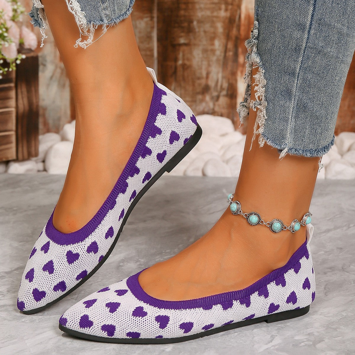 Damen Ballerinas aus weichem Strickmaterial mit Herzmuster und flexibler Sohle R&B