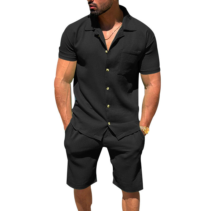 Herren nan lässiges zweiteiliges Freizeitset aus geripptem Jersey mit Hemdkragen Knopfleiste und Shorts R&B