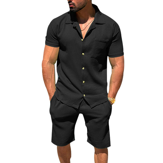 Herren nan lässiges zweiteiliges Freizeitset aus geripptem Jersey mit Hemdkragen Knopfleiste und Shorts R&B
