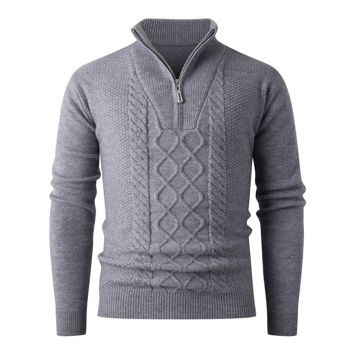 Herren Grobstrickpullover mit modernem Stehkragen und funktionalem Reißverschluss R&B