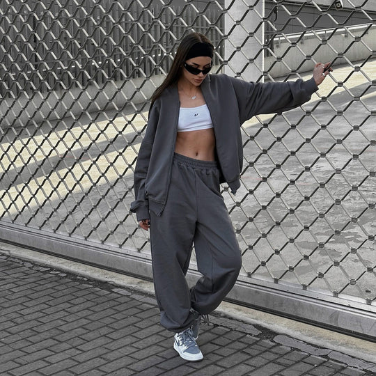 Damen lässiges Lounge-Set mit weiten Hosen und sportlicher Jacke R&B
