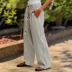 Damen lässige weite Hose im Streifenlook mit elastischem Bund und Bindegürtel R&B
