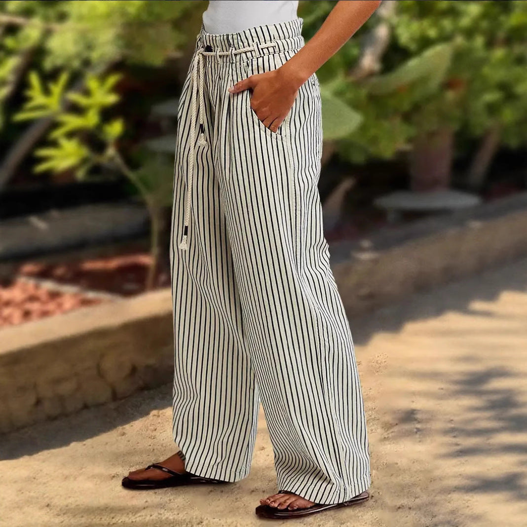 Damen lässige weite Hose im Streifenlook mit elastischem Bund und Bindegürtel R&B