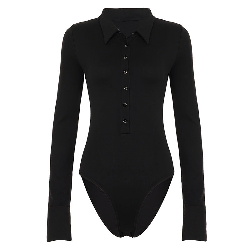 Damen Langarm-Bodysuit mit elegantem Kragen und durchgehender Knopfleiste R&B