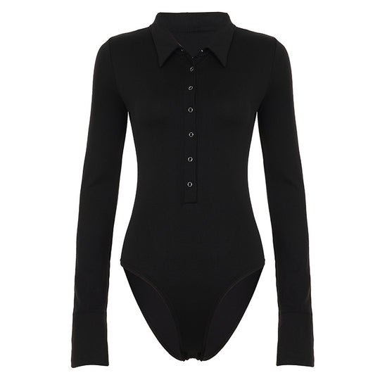 Damen Langarm-Bodysuit mit elegantem Kragen und durchgehender Knopfleiste R&B
