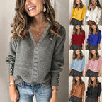Damen Grobstrickpullover mit V-Ausschnitt und eleganten Knopfdetails R&B