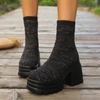 Damen Strick-Stiefeletten mit farbenfrohem Akzent und robustem Blockabsatz R&B
