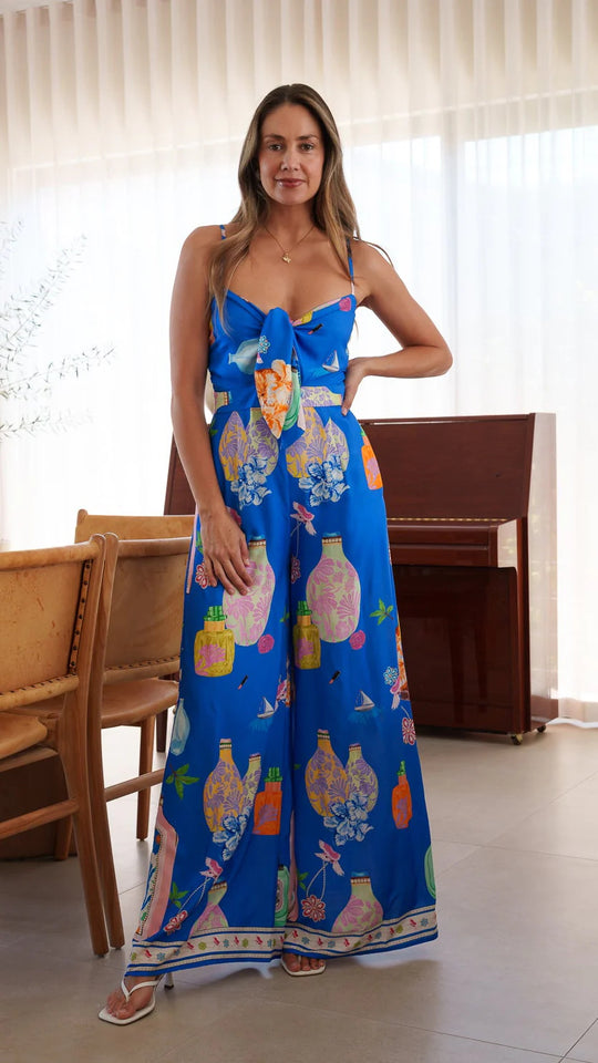 Damen langes Sommerkleid mit verspieltem Dekolleté und buntem Muster R&B