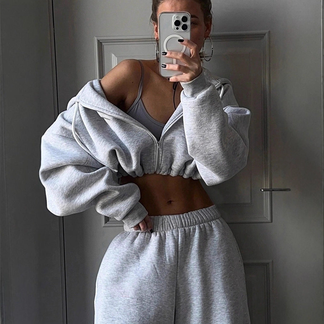 Damen Cropped Hoodie und lässige Sweatpants mit elastischem Bund R&B