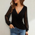 Damen nan elegante Wickelbluse mit Spitzenärmeln und tiefem V-Ausschnitt R&B