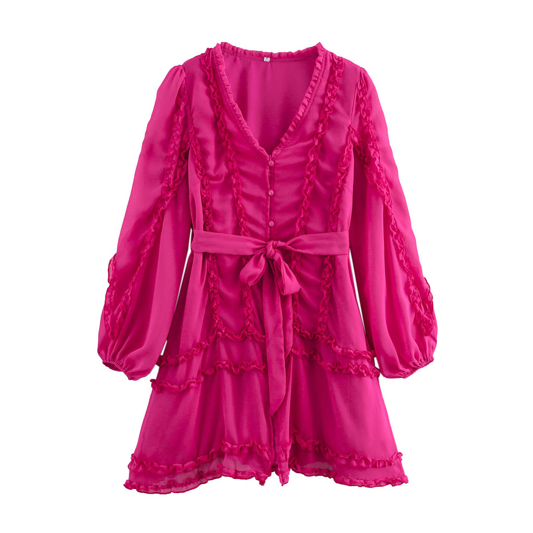 Damen verspieltes Minikleid mit Rüschendetails und Taillengürtel R&B