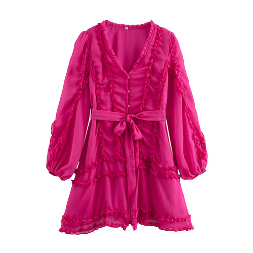 Damen verspieltes Minikleid mit Rüschendetails und Taillengürtel R&B