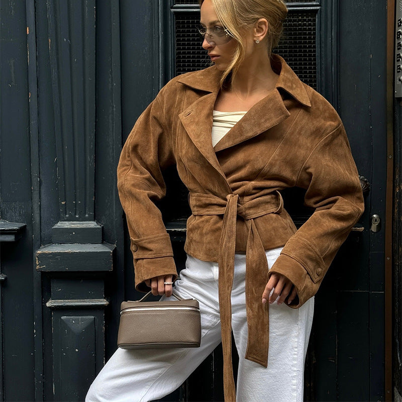 Damen Modische Wildleder-Trenchjacke mit schickem Gürtel R&B