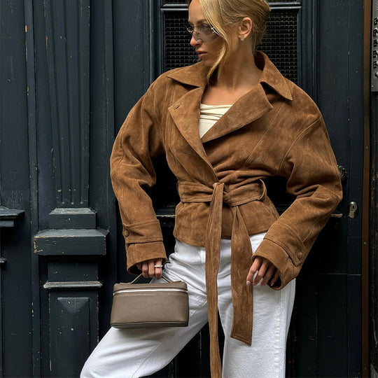 Damen Modische Wildleder-Trenchjacke mit schickem Gürtel R&B