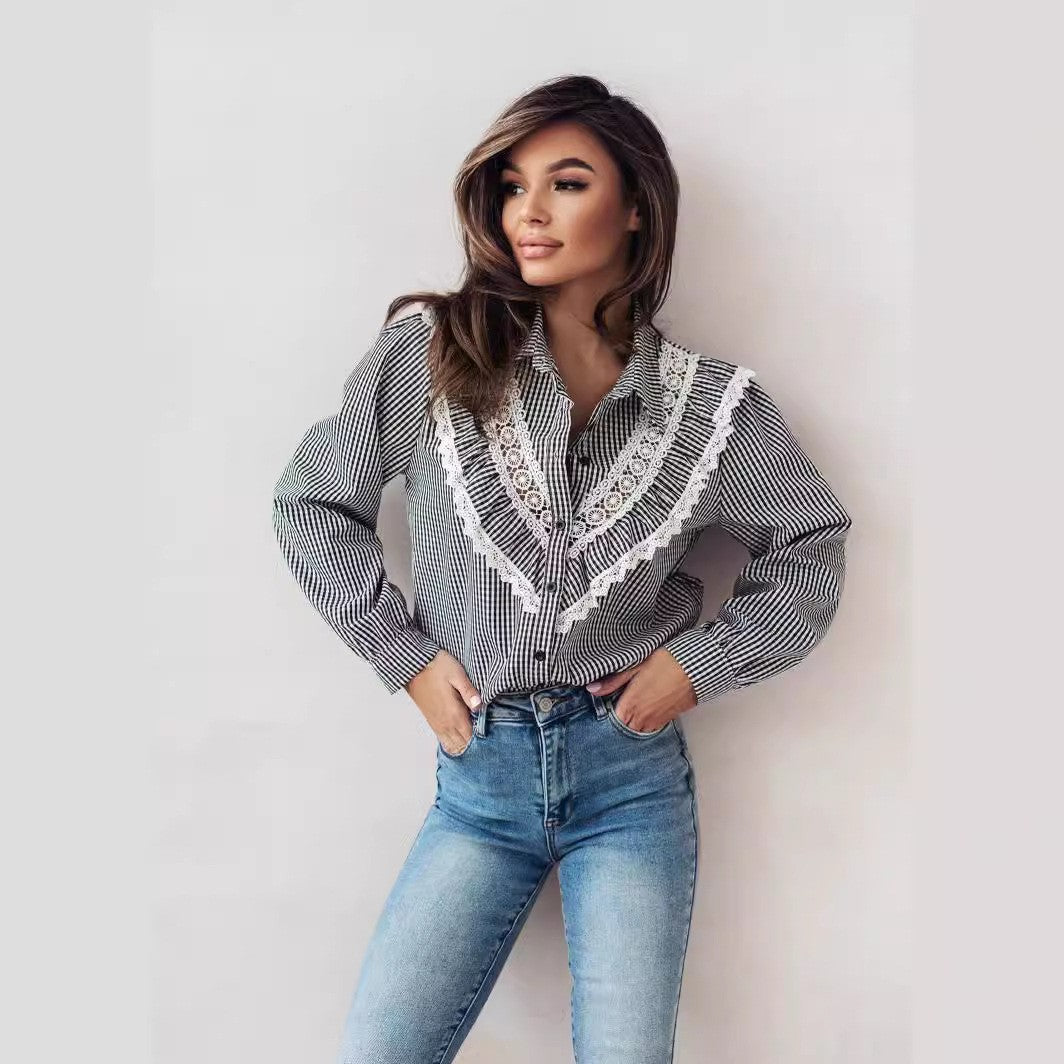 Damen Bluse mit raffinierten Spitzenakzenten und karierter Gestaltung R&B
