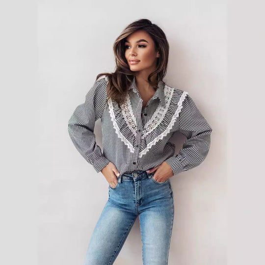 Damen Bluse mit raffinierten Spitzenakzenten und karierter Gestaltung R&B