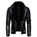 Herren Kunstlederjacke mit abnehmbarem Fellkragen und gesprenkelter Oberflächenstruktur R&B
