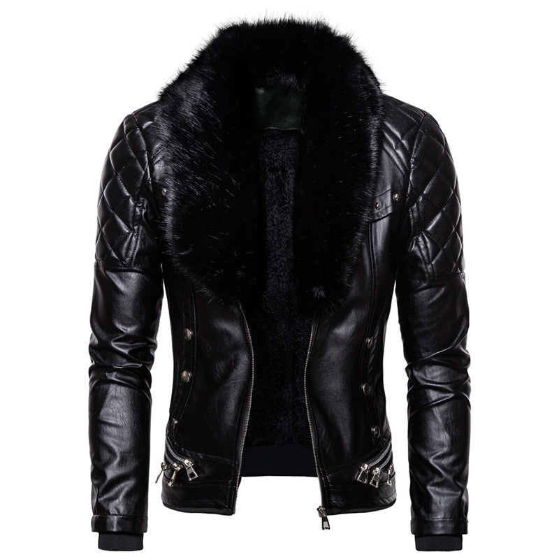 Herren Kunstlederjacke mit abnehmbarem Fellkragen und gesprenkelter Oberflächenstruktur R&B