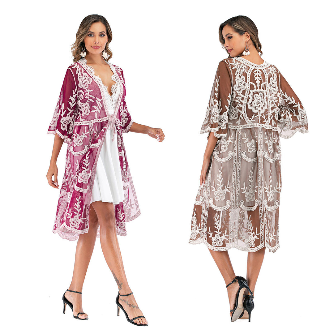 Damen elegante Häkel-Strandrobe mit voluminösen Ärmeln und floralem Design R&B