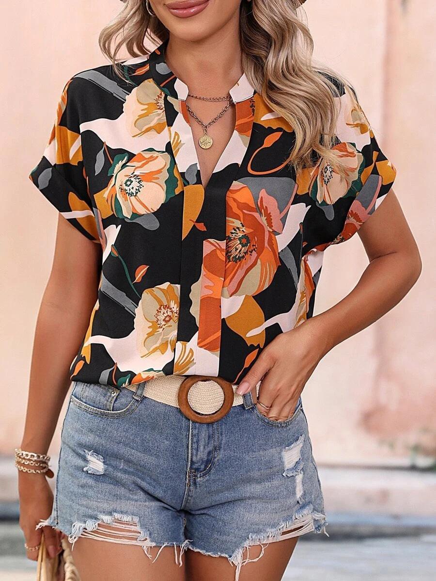 Damen Bluse mit floralen Mustern und stylischem Stehkragen R&B