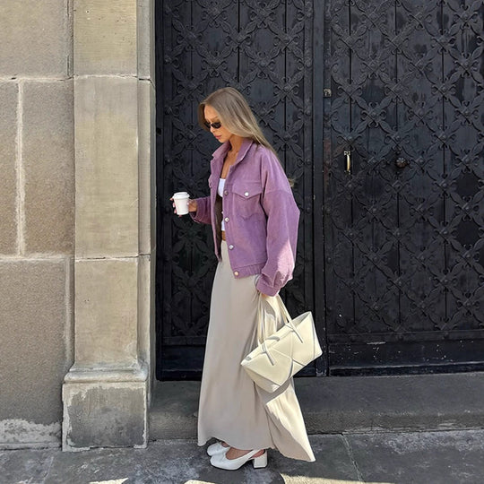 Damen Oversized Cordjacke mit praktischen Taschen und dezentem Streifenmuster R&B