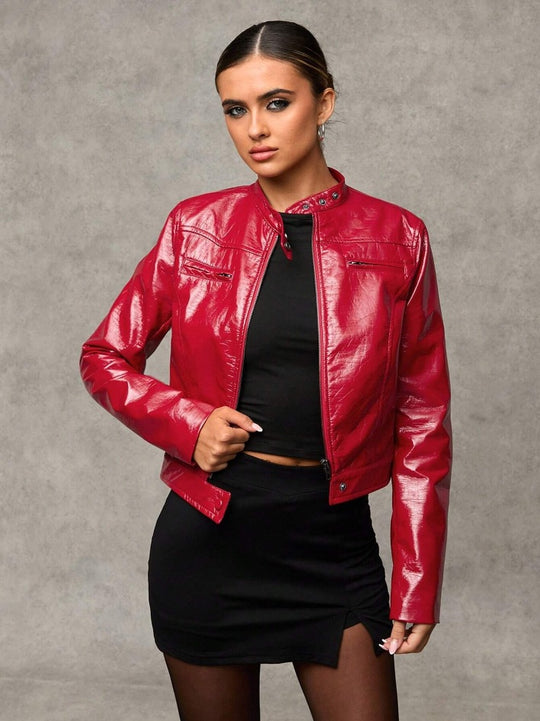 Damen Kurze Kunstlederjacke mit asymmetrischem Schnitt R&B