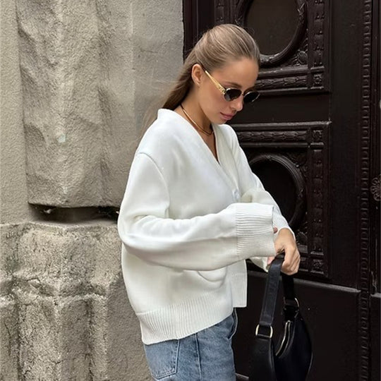 Damen lässiger Strickcardigan mit großen Taschen und Knopfverschluss R&B