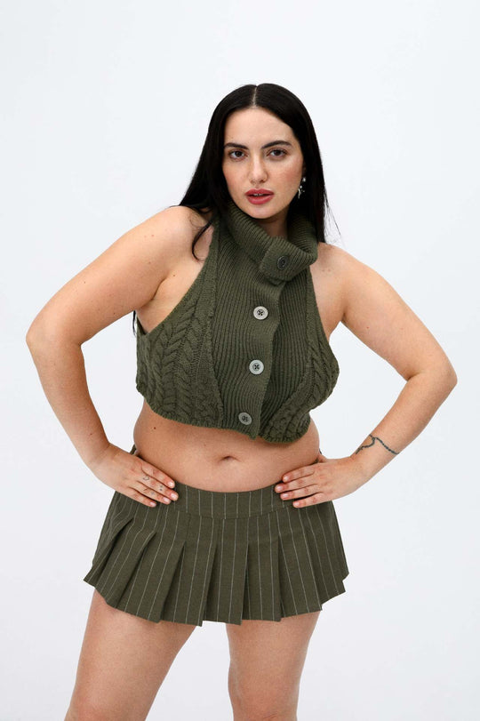 Damen gehäkeltes Crop-Oberteil mit hochgeschlossenem Kragen und Knopfleiste R&B