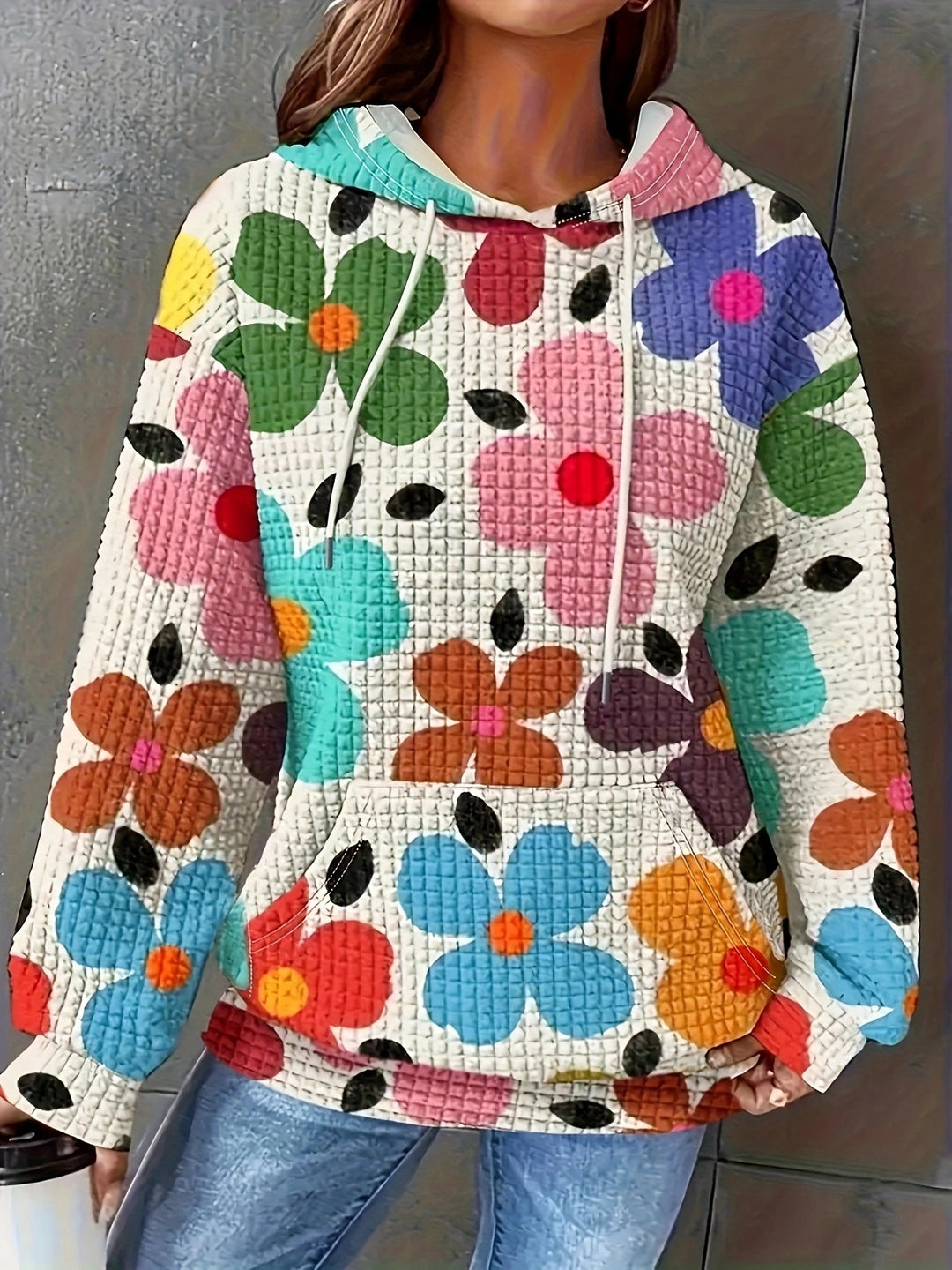 Damen lockerer Kapuzenpullover mit farbenfrohem Blumendesign R&B