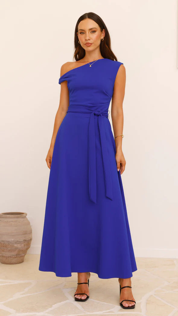 Damen Maxikleid mit schickem asymmetrischen Ausschnitt und eleganter Schleife R&B