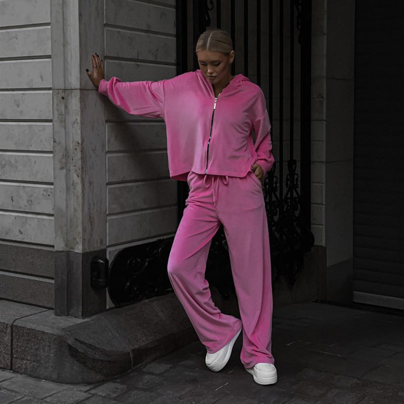 Damen sportliches Fleece-Jogginganzug mit Kapuze und weitem Schnitt R&B