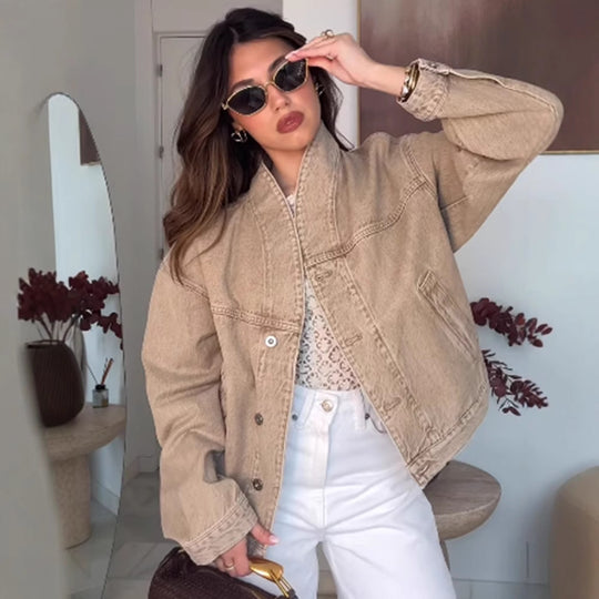 Damen modische Oversized Jeansjacke mit trendigem Stehkragen R&B