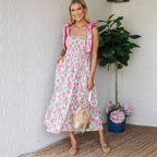 Damen Sommerkleid mit Raffung und schulterlangen BindR&Bändern R&B
