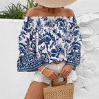 Damen Off-Shoulder Bluse mit floralem Muster und Rüschendetails R&B