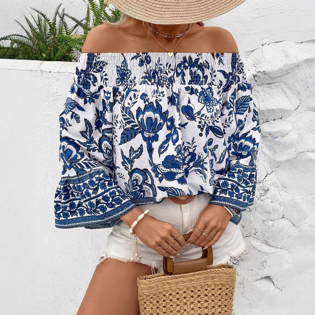 Damen Off-Shoulder Bluse mit floralem Muster und Rüschendetails R&B