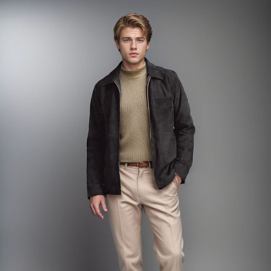 Herren schicke und lässige Wildlederjacke mit Stehkragen R&B