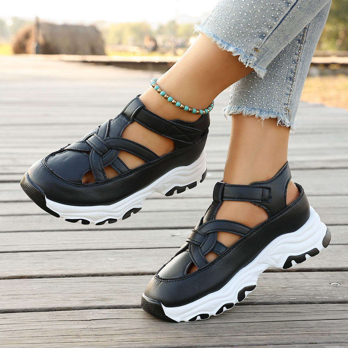 Damen Sneaker Sandalen mit komfortablem Riemendesign und atmungsaktiver Oberflächenstruktur R&B