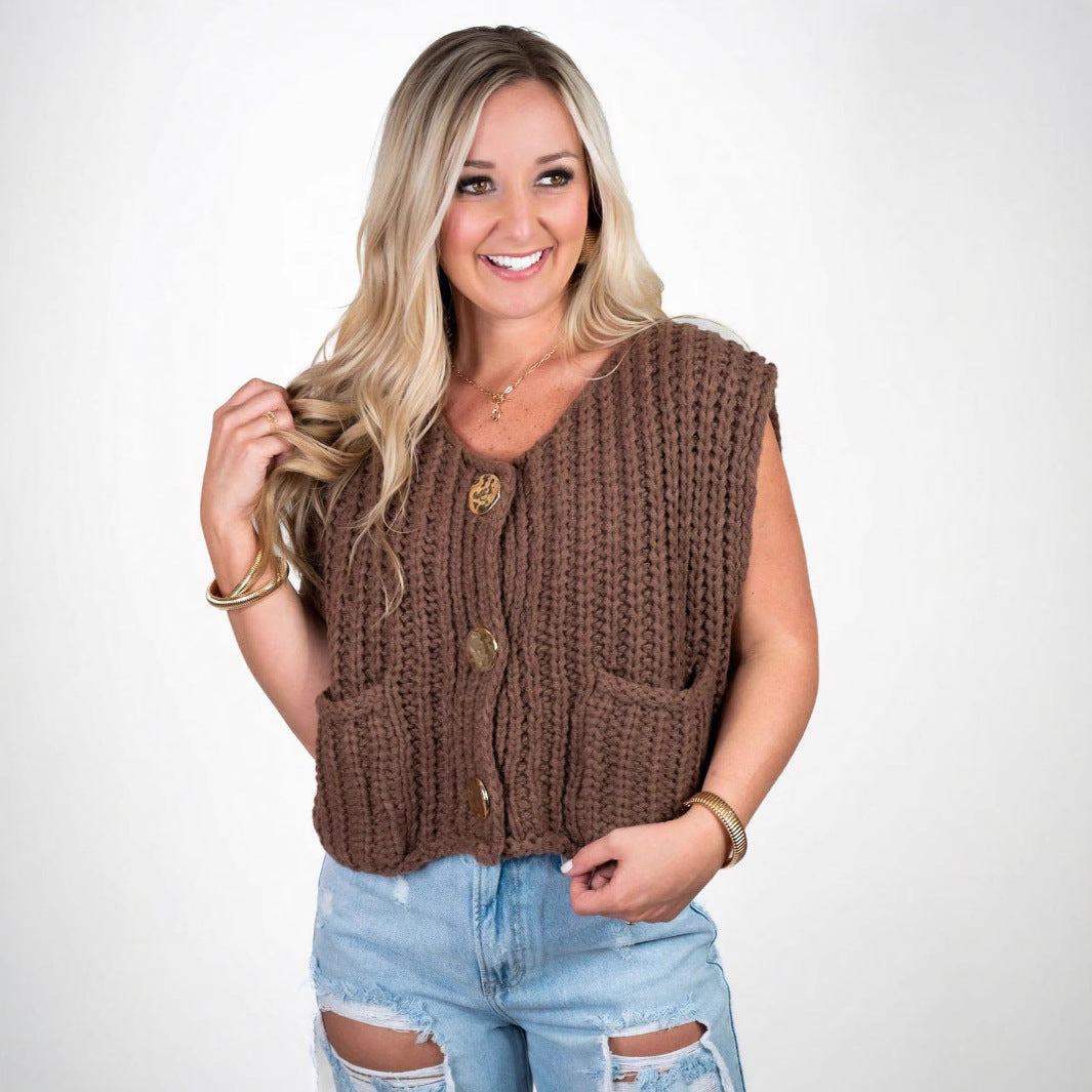 Damen Strickweste mit Taschen und dekorativen Knopfdetails