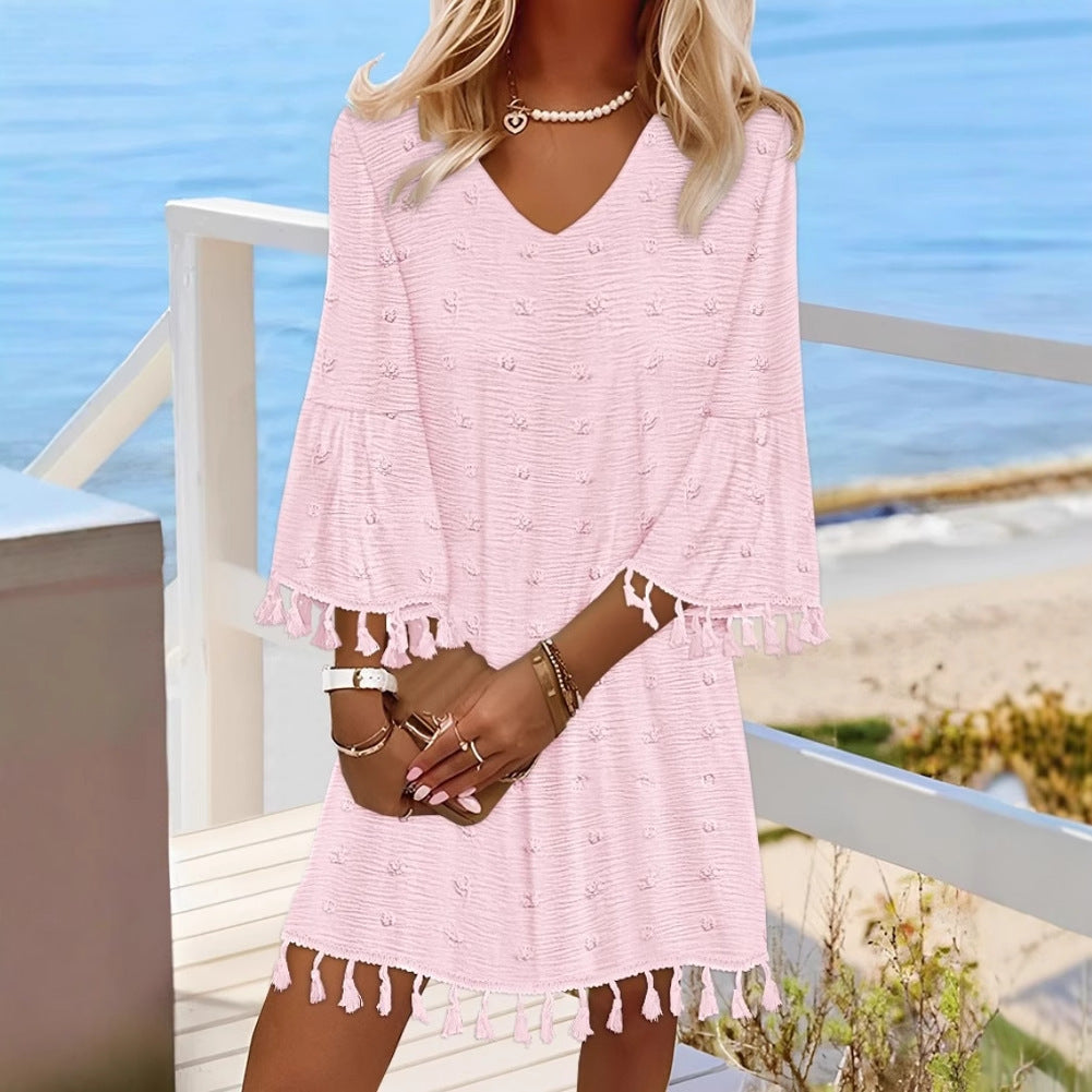 Damen Strandkleid mit elegantem V-Ausschnitt und dekorativen Fransen R&B