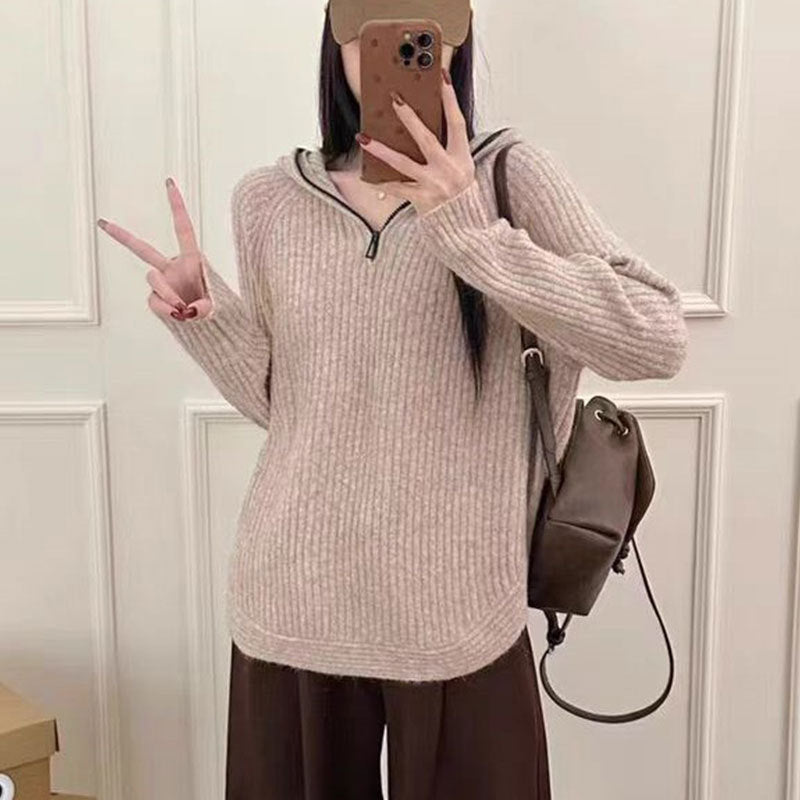 Damen lässiger Strickpullover mit hochgezogenem Kragen und Reißverschluss R&B
