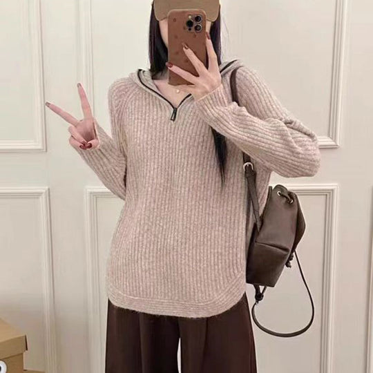 Damen lässiger Strickpullover mit hochgezogenem Kragen und Reißverschluss R&B