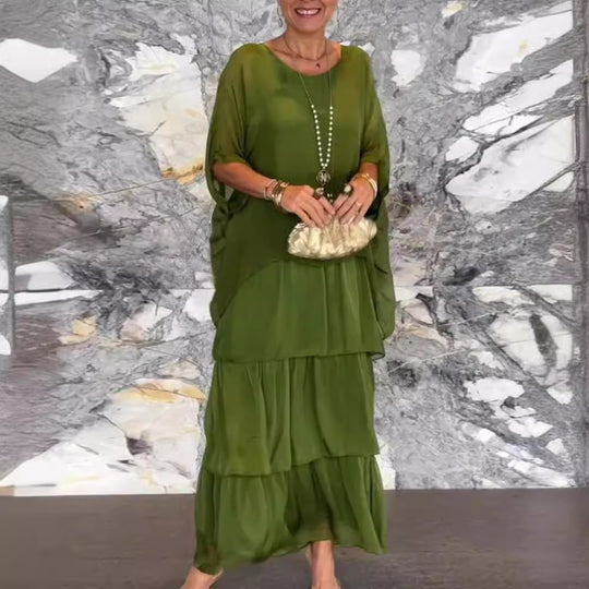 Damen nan bodenlanges Stufenkleid mit weiten Fledermausärmeln und lockerer Silhouette R&B
