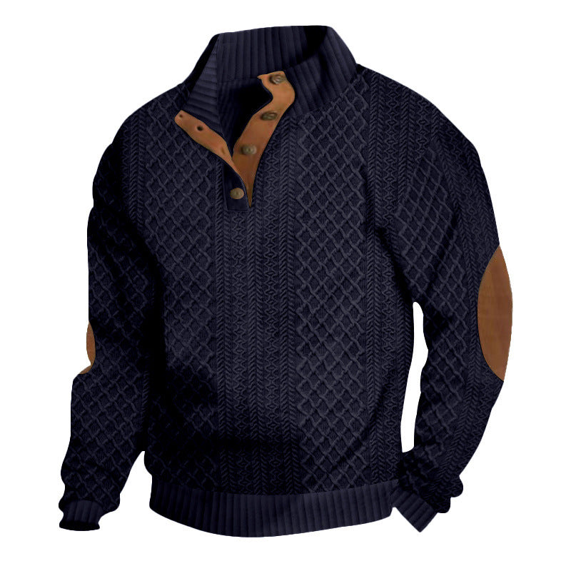 Herren nan gehobener Strickpullover mit Rautenmuster, hohem Rippkragen, knöpfbarer Latzleiste und Lederbesatz an Ellenbogen R&B