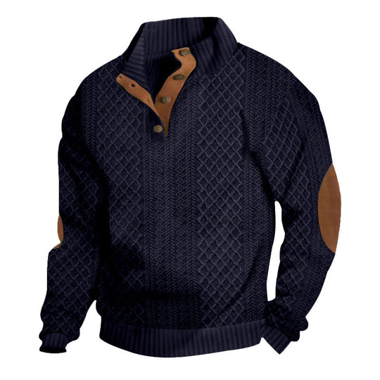 Herren nan gehobener Strickpullover mit Rautenmuster, hohem Rippkragen, knöpfbarer Latzleiste und Lederbesatz an Ellenbogen R&B