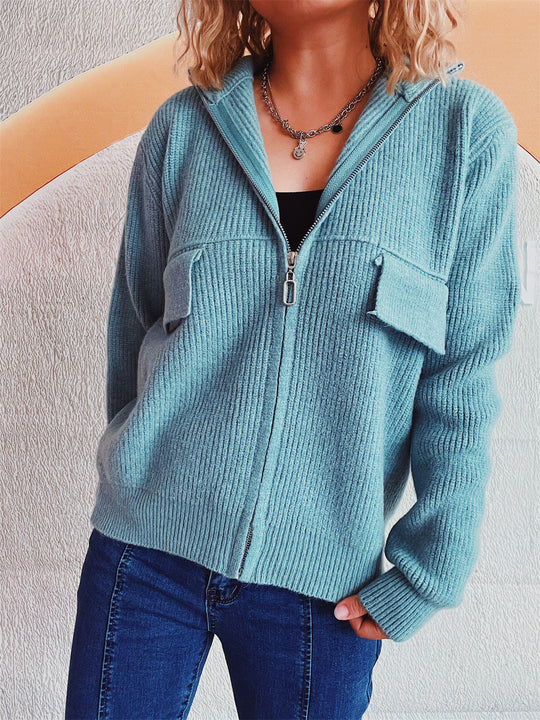 Damen lässige Strickjacke mit praktischen Taschen und hohem Kragen R&B