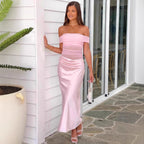 Damen elegantes schulterfreies Abendkleid mit figurformender Raffung und Satin-Finish EB